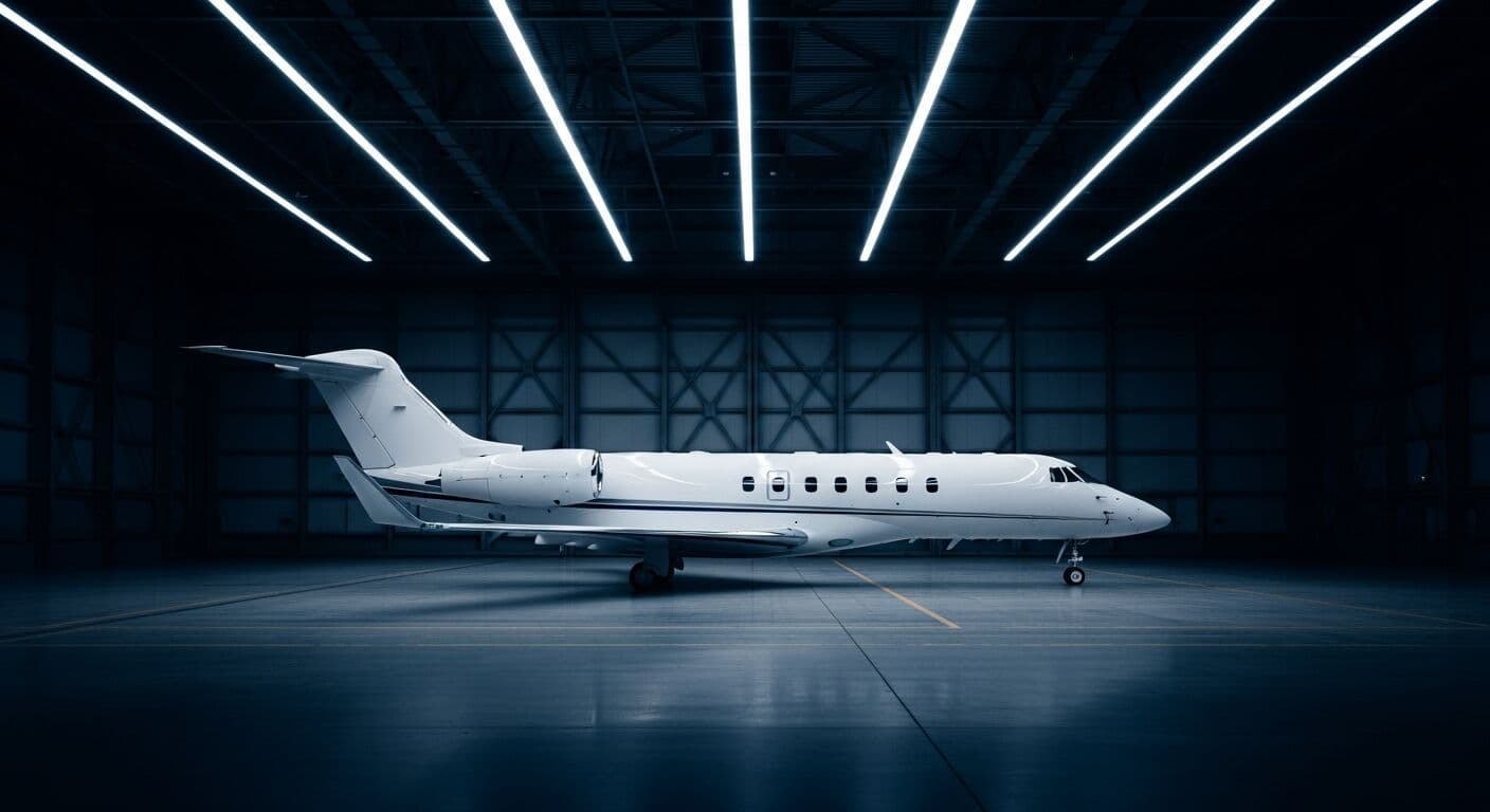 White business jet under hangar lighting
